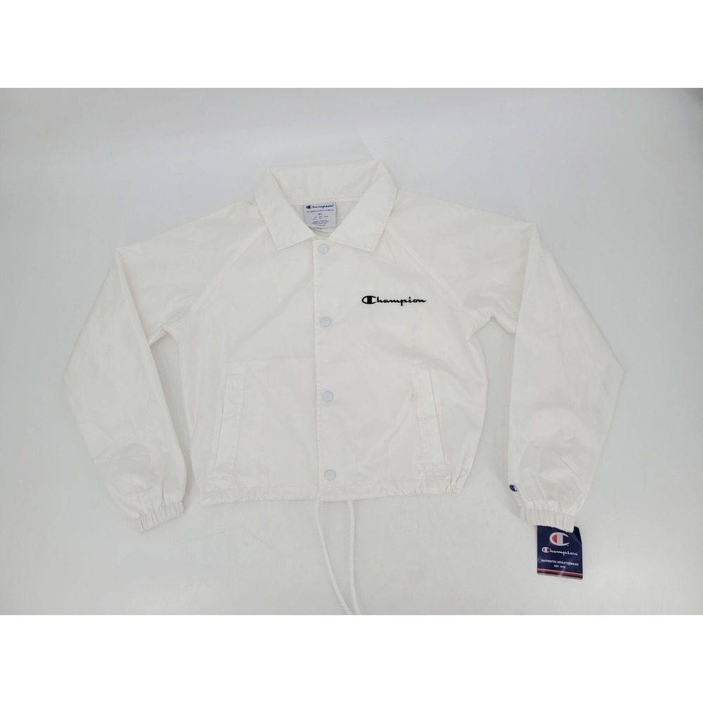 Vintage Champion Womens XS Cropped White Windbreaker Varsity Jacket Snap Button